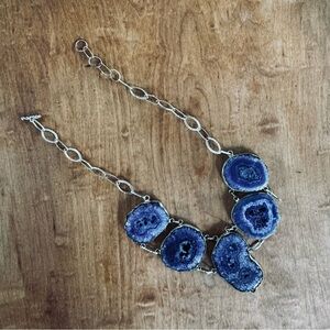 Chunky Blue Sliced Geode Necklace; silver chain linked chain ~20” adjustable